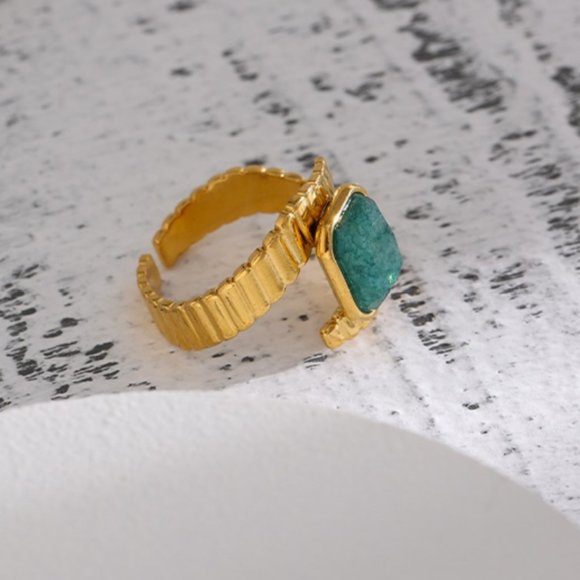 Stainless Steel Blue Apatite Ring Statement Metal Gold Opening Ring - Picture 5 of 11